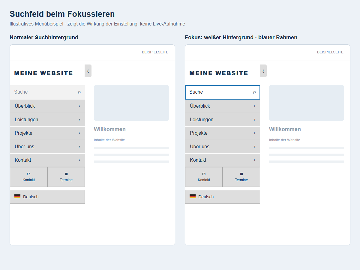 Suchfeld beim Fokussieren – Normaler Suchhintergrund / Fokus: weißer Hintergrund · blauer Rahmen