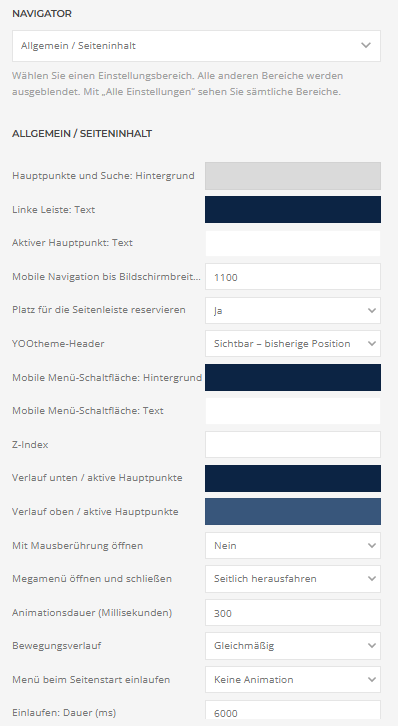 Builder-Einstellungen: Allgemein / Seiteninhalt – Teil 1