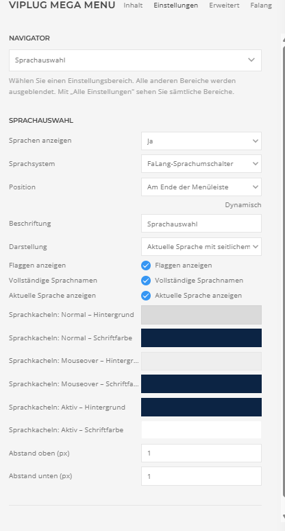 Builder-Einstellungen: Sprachauswahl