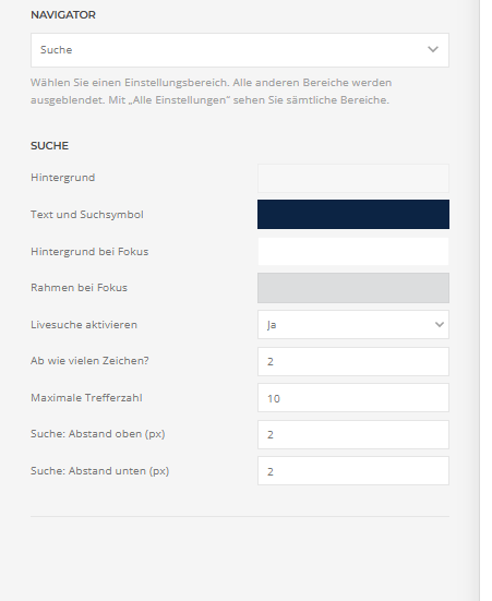 Builder-Einstellungen: Suche