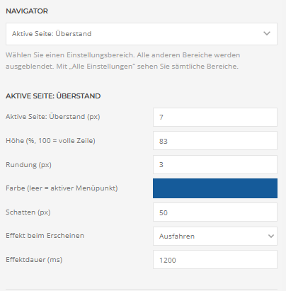 Builder-Einstellungen: Aktive Seite: Überstand