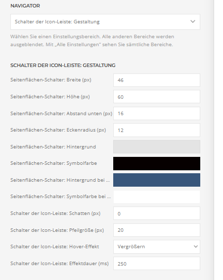 Builder-Einstellungen: Schalter der Icon-Leiste: Gestaltung
