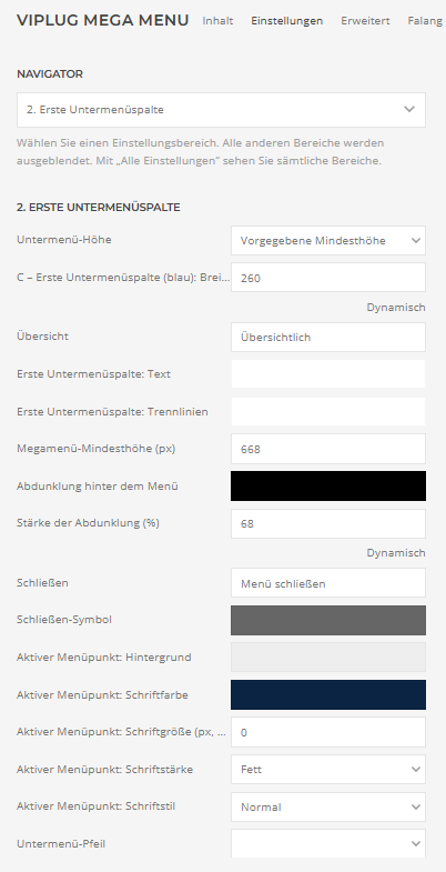 Builder-Einstellungen: 2. Erste Untermenüspalte – Teil 1