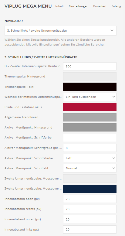 Builder-Einstellungen: 3. Schnelllinks / zweite Untermenüspalte