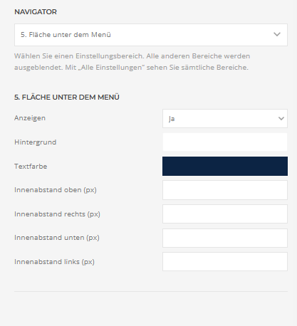 Builder-Einstellungen: 5. Fläche unter dem Menü